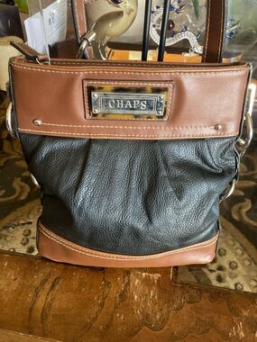 Vintage Chaps Black Pebbled Leather & Brown Trim Shoulder Bag